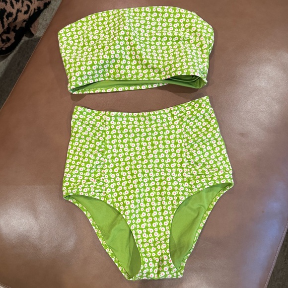 Aerie‎ green floral bandeau high cut cheeky 2 piece swimsuit XS Xsmall - Picture 2 of 5